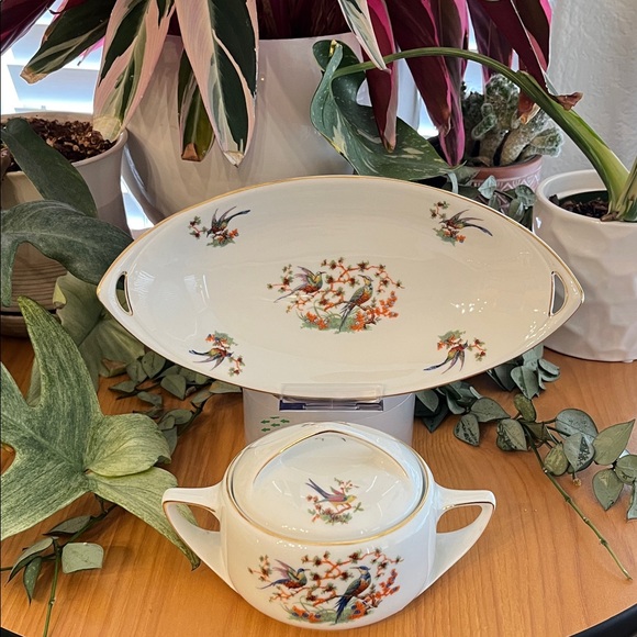 Bohemia Donatello Vintage Sugar Bowl & Relish Dish Birds Of Paradise 1921-1945 - Picture 2 of 16